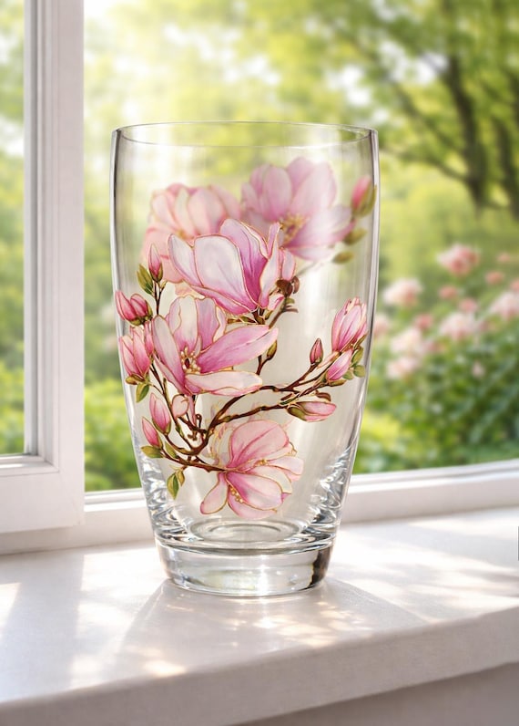 Handpainted magnolia vase, Hand made white pink flower glass vase, Personalized custom mom gift, Magnolia art