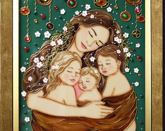 Personalized Gift for Mom of 3 – Custom Mother and Three Children Artwork, Family Portrait, Mother's Day Gift