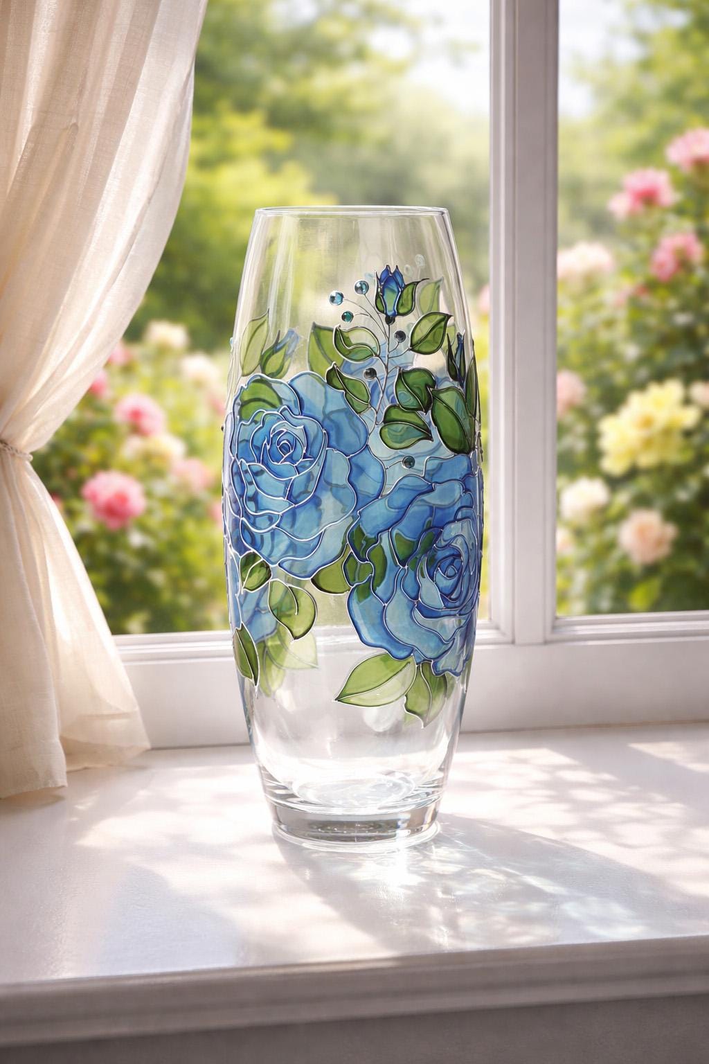 Handpainted Rose Vase: Personalized Glass Blue Flowers Vase