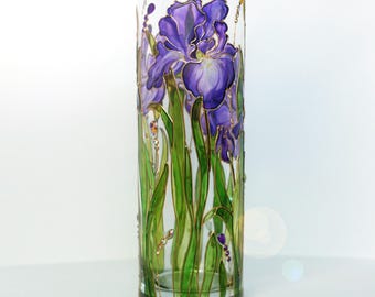Vase with iris Original hand painted personalized glass vase Stained glass style custom glassware Green  purple flower art Mother gift
