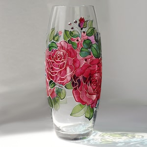 Vase with roses Stained glass handpainted  vase Personalized glass vase with red roses Original gift for mother Custom glass vase