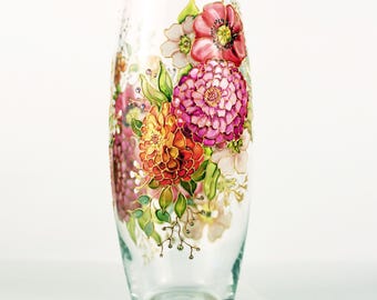 Custom Wedding Vase With Initials, Personalized Hand Painted Glass Vase, Floral Wedding Centerpiece, Bridal Gift, Flowers Zinnias Poppies