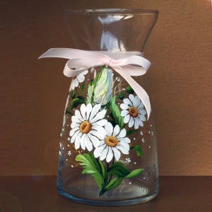 Small glass vase with daisy Hand painted personalized glass vase with chamomiles 6.5 inches vase for flowers Home decor