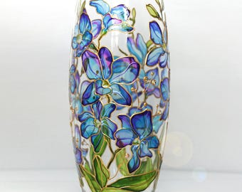 Vase with blue orchid Stained glass hand painted vase Orchid art Personalized glass vase with orchid Mother gift Custom glass vase