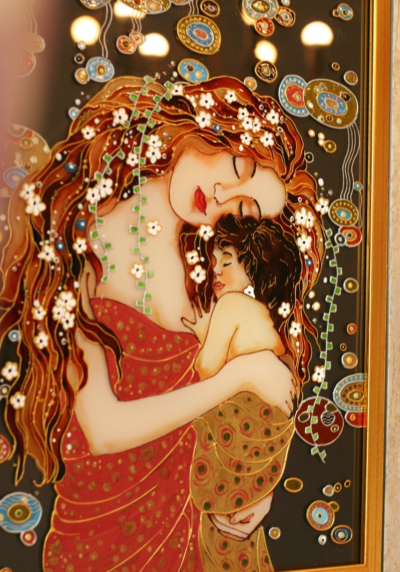 Gustav Klimt Mother and child Stained glass painting Mom gift Etsy