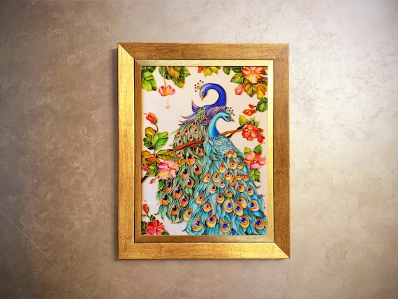 Peacock Stained glass painting Original painting with beads Peacock wall art Glass wall art Framed wall decor Hausewarming gift