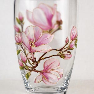 Vase magnolia peint à la main, vase en verre fleur rose blanc fait main, cadeau personnalisé, art magnolia, décoration florale personnalisée image 8