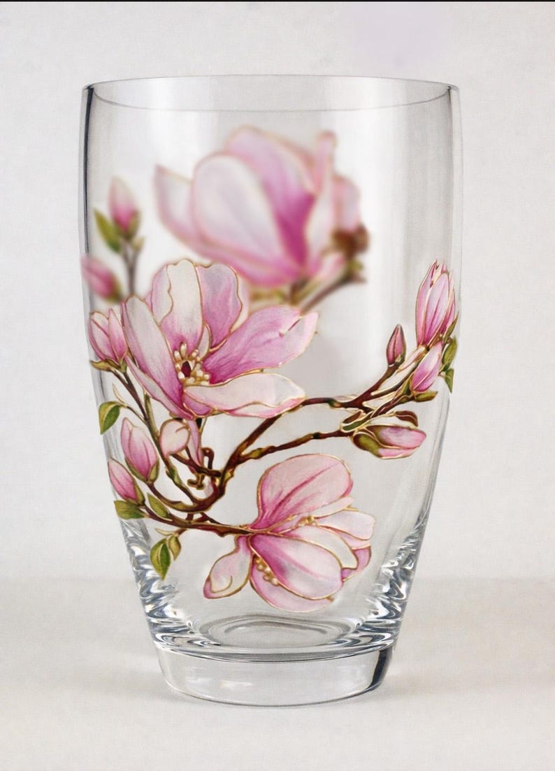 Vase magnolia peint à la main, vase en verre fleur rose blanc fait main, cadeau personnalisé, art magnolia, décoration florale personnalisée image 8