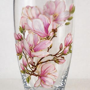 Vase magnolia peint à la main, vase en verre fleur rose blanc fait main, cadeau personnalisé, art magnolia, décoration florale personnalisée image 7