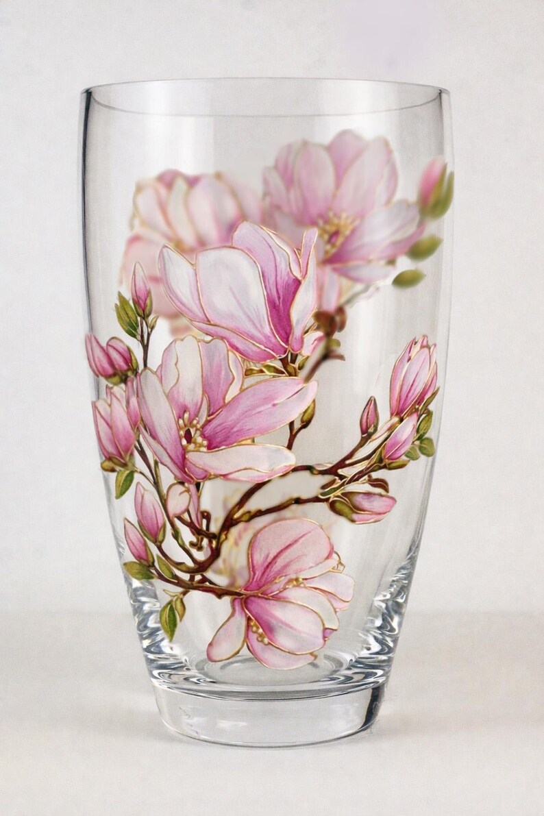Vase magnolia peint à la main, vase en verre fleur rose blanc fait main, cadeau personnalisé, art magnolia, décoration florale personnalisée image 7