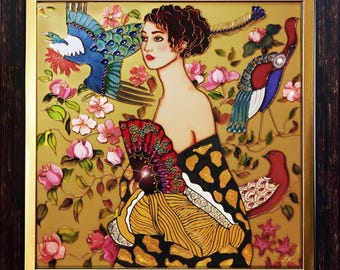 グスタフ・クリムト - 扇を持つ女性、扇を持つ女性 手作り