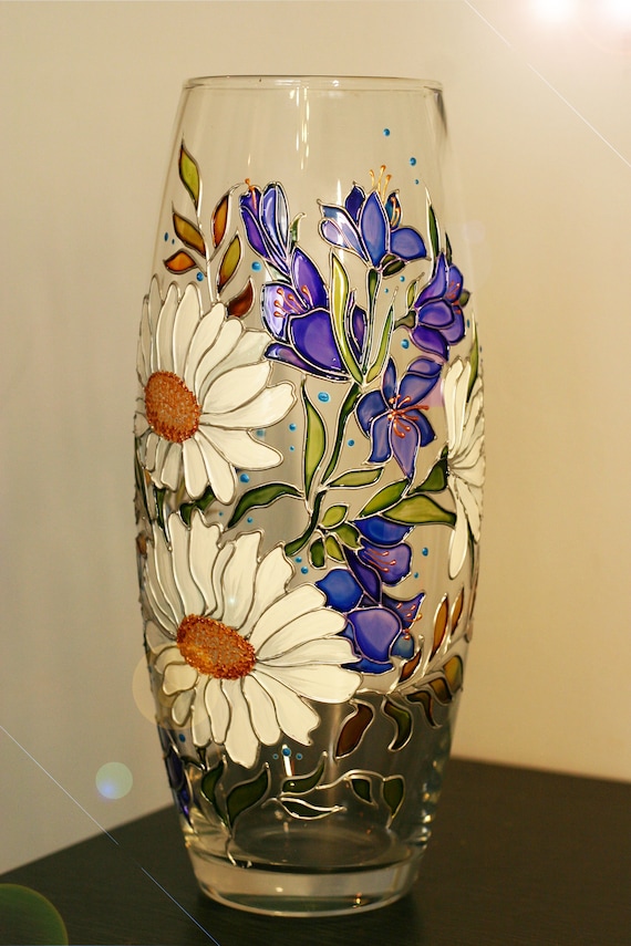 Vase With Bells and Daisies Stained Glass Hand Painted Vase