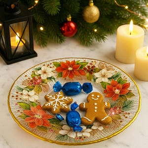 May include: A clear glass plate with a gold rim, decorated with poinsettias and other floral designs, holds a gingerbread man, a snowflake cookie, and blue wrapped candies. The plate is on a marble surface, with candles and Christmas decorations in the background.