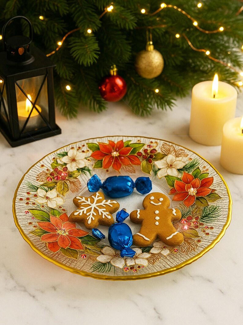 May include: A clear glass plate with a gold rim, decorated with poinsettias and other floral designs, holds a gingerbread man, a snowflake cookie, and blue wrapped candies. The plate is on a marble surface, with candles and Christmas decorations in the background.