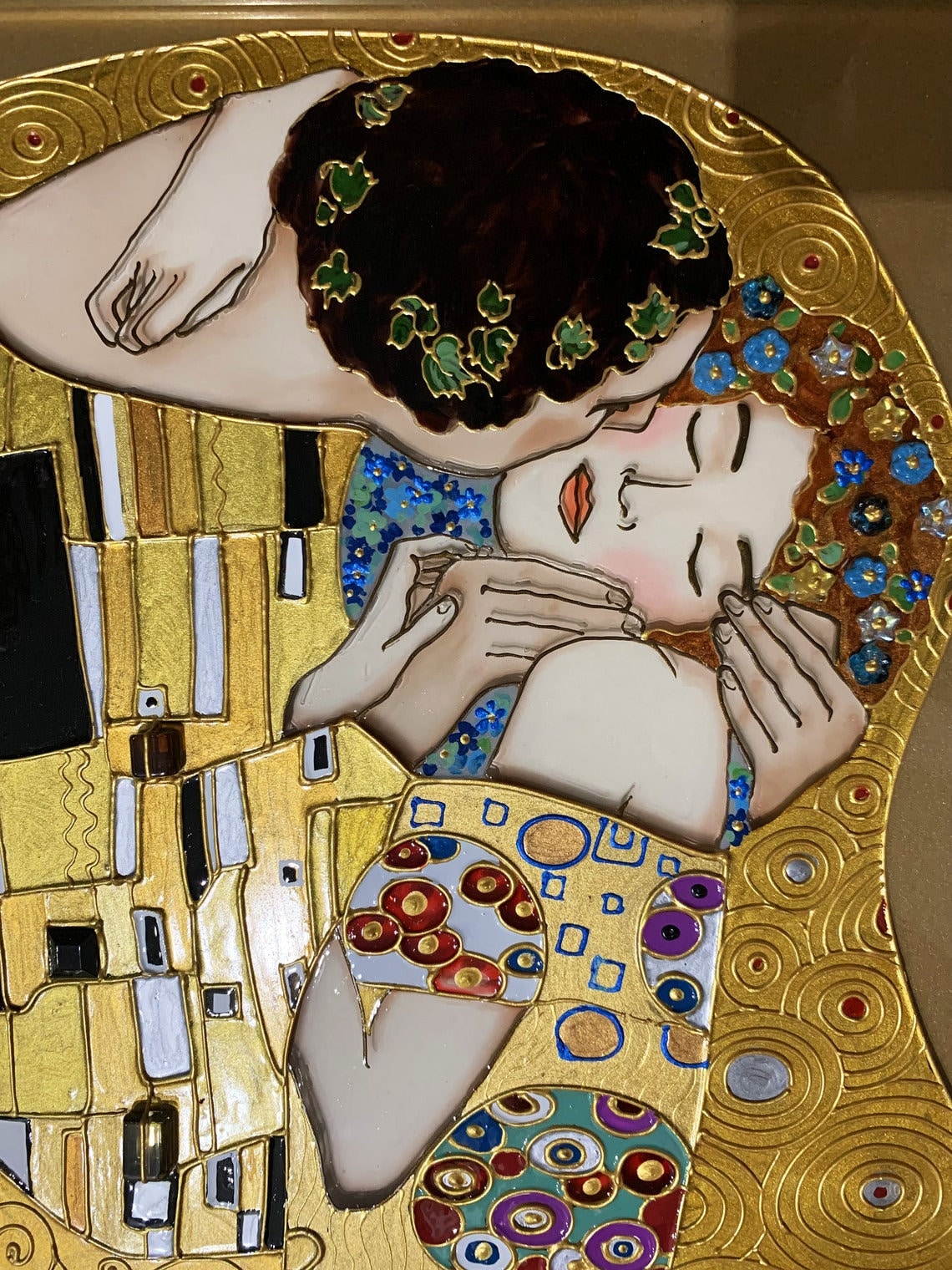 グスタフ・クリムトの「接吻」絵画、額入りガラスアート、手描き