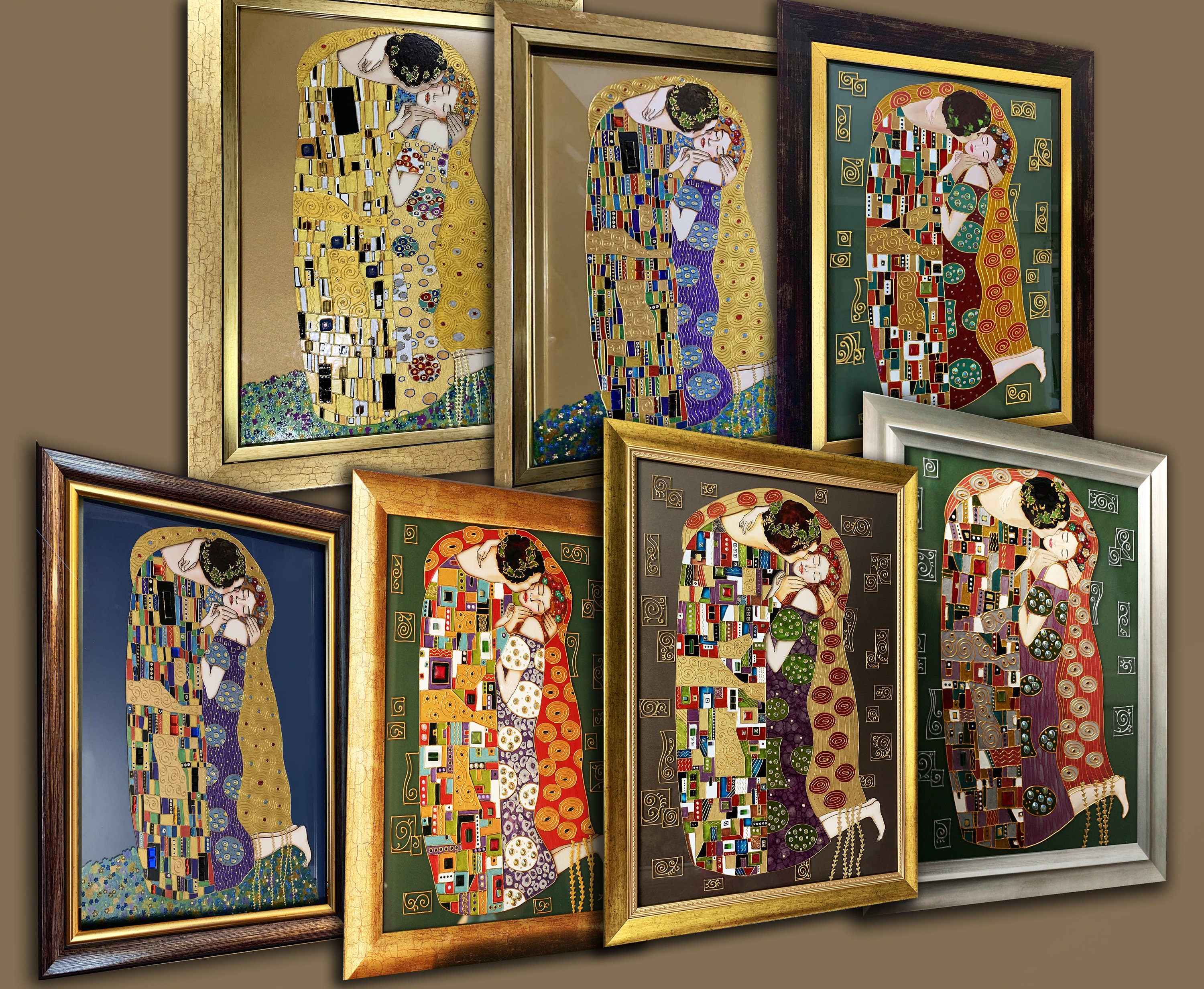 グスタフ・クリムトの「接吻」絵画、額入りガラスアート、手描き