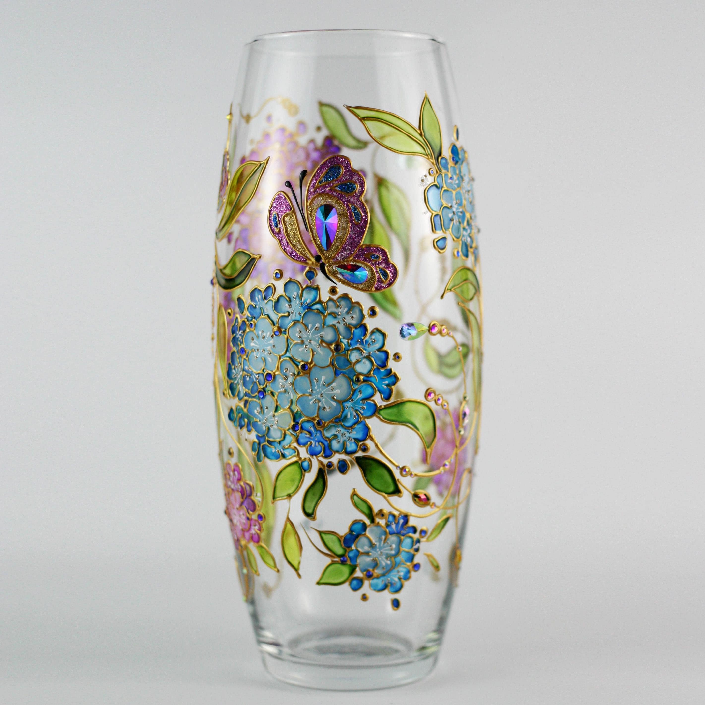 花瓶（紫陽花入り） ステンドグラスの手描き花瓶 野花のパーソナライズ