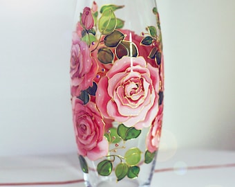 Vase with pink roses, Stained glass handpainted personalized glass vase with red flower, Custom gift, 10 inches vase, Handmade flower decor