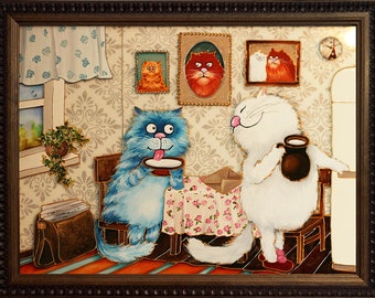 ステンドグラスの絵画 猫のアート 面白いキッチンの壁の装飾 3D壁アート キッチンアート 青い猫の壁アート 猫好きへのギフト 額入り壁アート