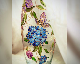 Vase with flowers Stained glass hand painted vase Wildflowers handpainted personalized glass vase Original gift vase  turquoise blue