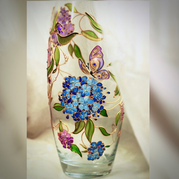Vase avec fleurs Vase en vitrail peint à la main Vase en verre personnalisé fleurs sauvages peint à la main Vase cadeau original bleu turquoise