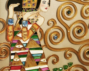Gustav Klimt Expectation (Tree of life) Stained glass painting Original painting with gemstones Part of Stoclet Frieze Glass wall art