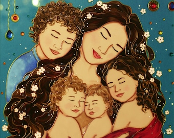 Mom with four babies 3D painting on glass Mother and four children Stained glass painting Gustav Klimt Custom family portrait Mom gift