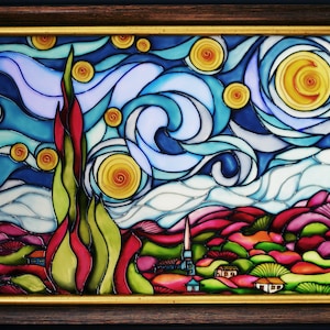 ヴァン・ゴッホのステンドグラスの絵画「星月夜」美しい壁飾り額入りヴァン・ゴッホの作品ヴァン・ゴッホのガラスの壁アート額入り星月夜の壁アート