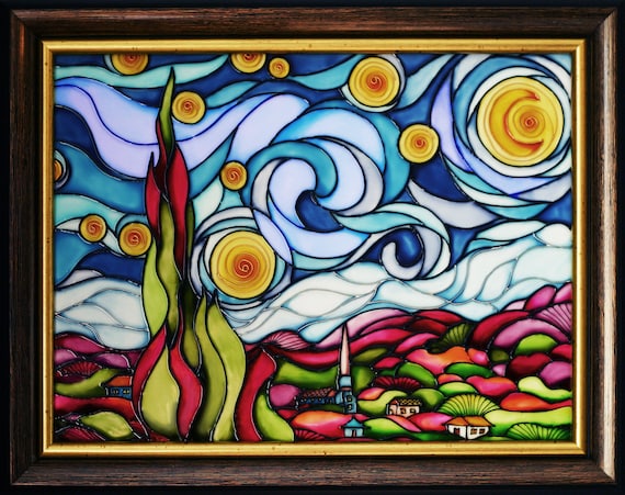 ゴッホの星月夜ガラス絵画、手描きのステンドグラス風ウォールアート
