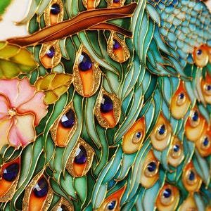 May include: Close-up of a vibrant peacock design. The artwork features a peacock's feathers in shades of teal, orange, and gold, with jewel-like accents. The design is set against a white background, with a pink flower and green leaves.