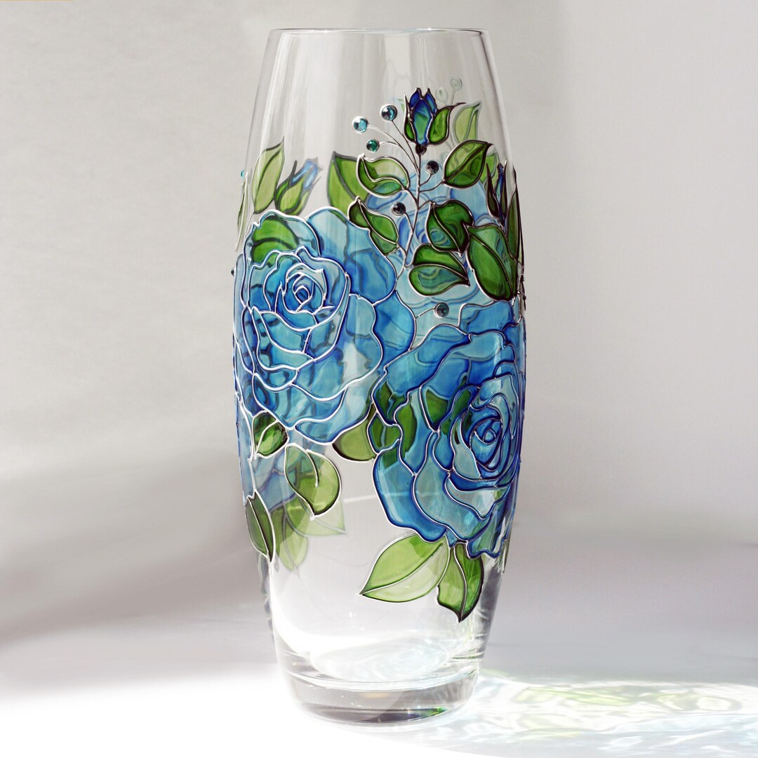 Handpainted Rose Vase: Personalized Glass Blue Flowers Vase