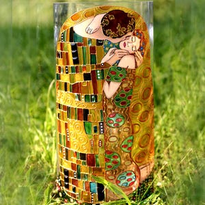 Jarrón de vidrio grande de 12 pulgadas El beso de Gustav Klimt Jarrón de vidrio pintado a mano Regalo de boda personalizado Regalo de aniversario
