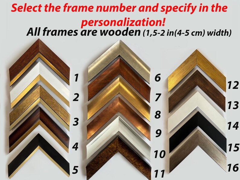 May include: A selection of 16 different wooden picture frames, each with a unique color and design. The frames are all 1.5 to 2 inches wide. The frame numbers are labeled 1 through 16.
