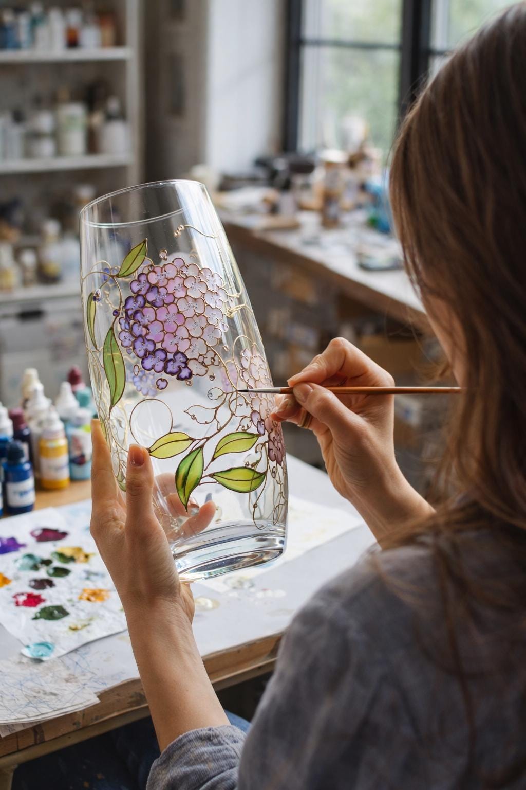 花瓶（紫陽花入り） ステンドグラスの手描き花瓶 野花のパーソナライズ