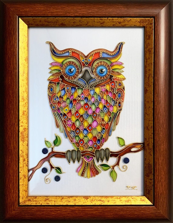 Owl painting Stained glass painting Owl wall art Abstract owl wall decor Framed glass wall art Hausewarming gift Ukrainian art