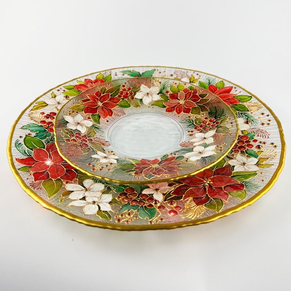 Personalized Christmas Plate Glass, Poinsettia Holiday Decor, Hand-Painted Stained Glass Style Dish with Rhinestones, Festive Tableware Gift