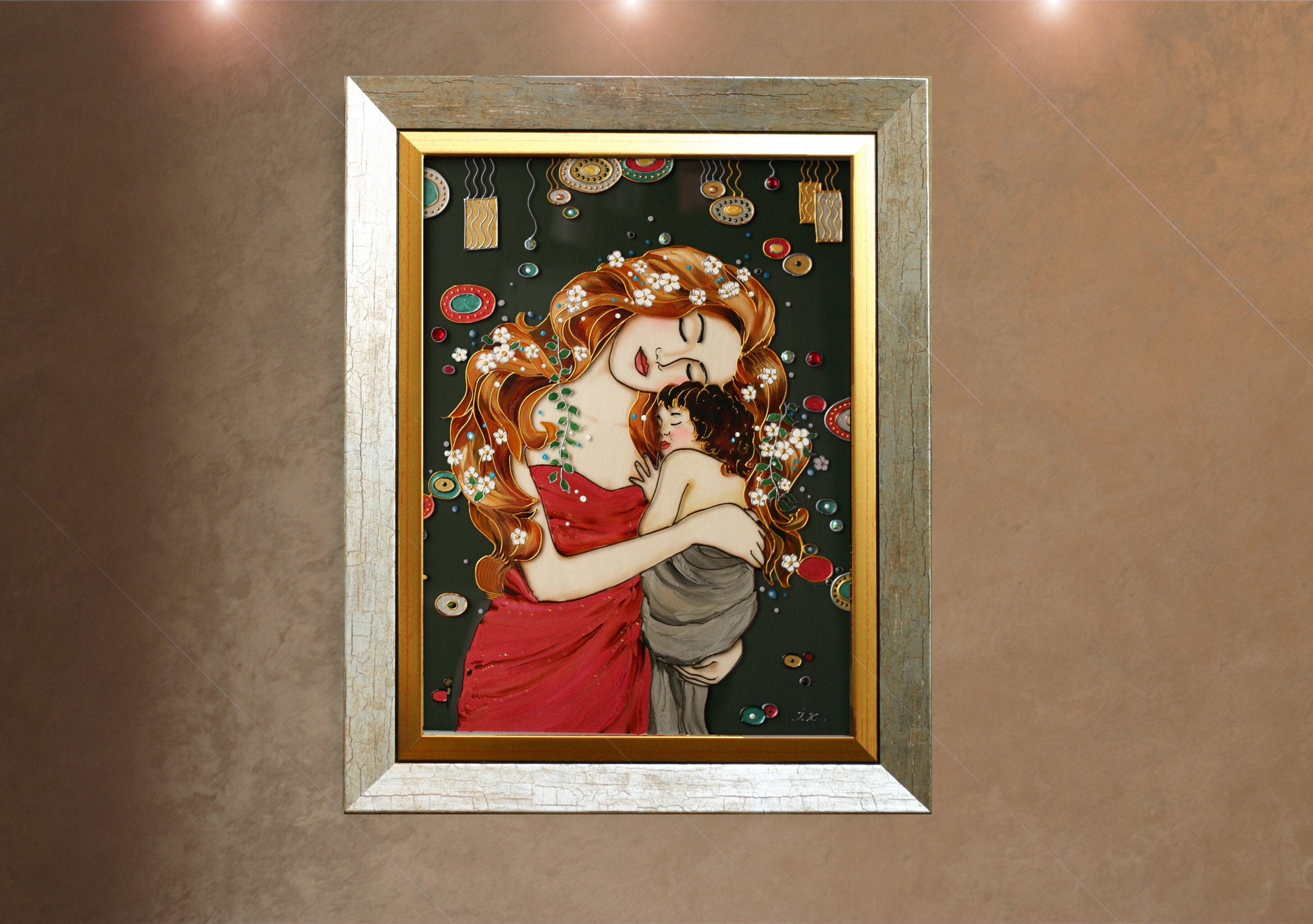Gustav Klimt Mother and child Stained glass painting Mom gift | Etsy