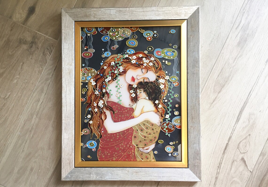Gustav Klimt Mother and child Stained glass painting Mom gift | Etsy