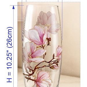 Vase magnolia peint à la main, vase en verre fleur rose blanc fait main, cadeau personnalisé, art magnolia, décoration florale personnalisée Narrow