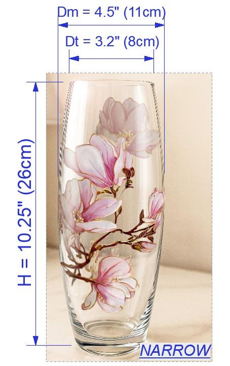 Vase magnolia peint à la main, vase en verre fleur rose blanc fait main, cadeau personnalisé, art magnolia, décoration florale personnalisée Narrow