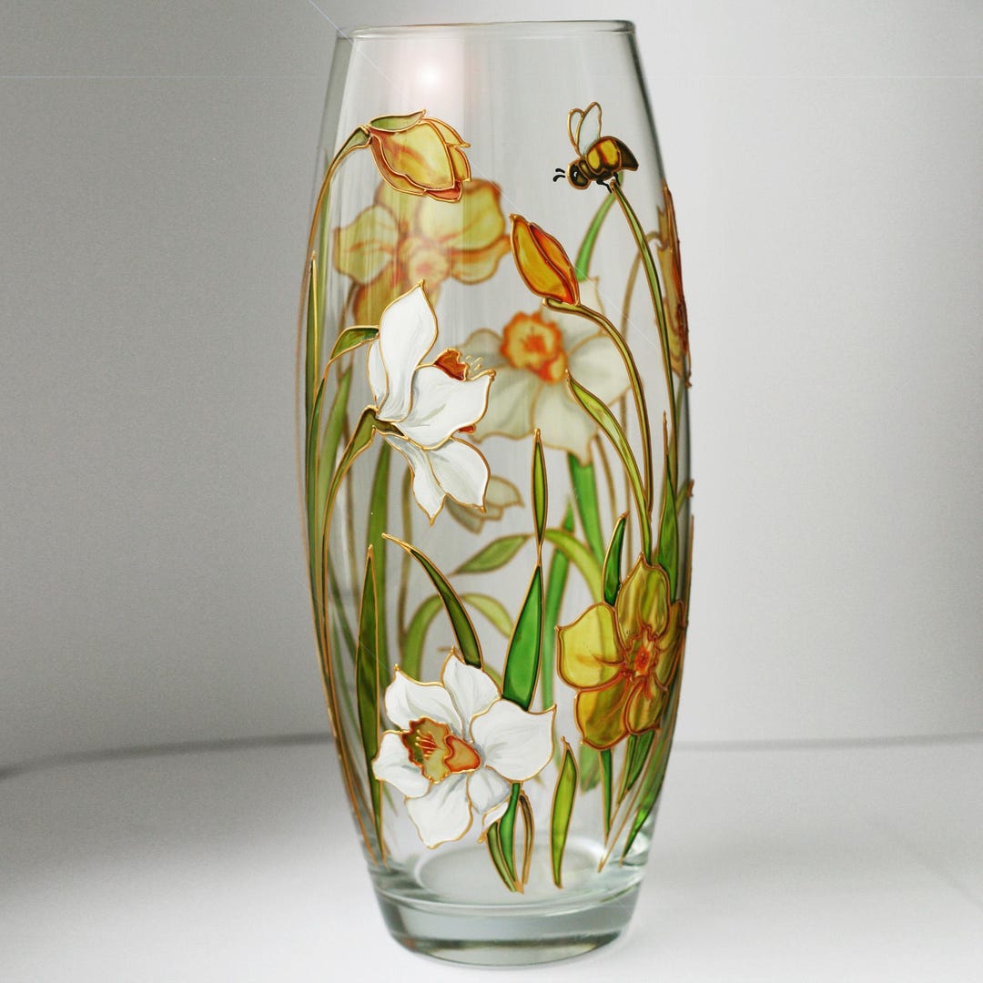 Personalized Daffodil Glass Vase: Hand Painted Stained Glass Style