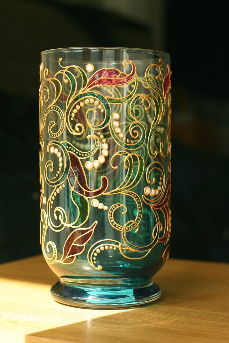 Hand painted stained glass vase for flowers Turquoise ...