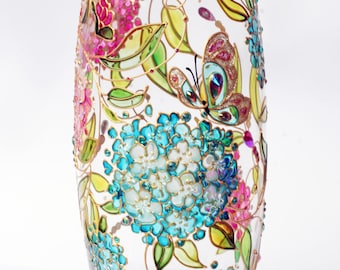 Hydrangeas Vase: Personalized Turquoise & Pink Wildflowers Glass Vase, Handmade  Gift, Custom Floral home decor, Flower Art