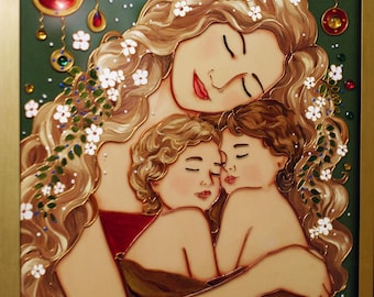 Madre y gemelos Gustav Klimt Pintura personalizada sobre vidrio con piedras decorativas Mamá de gemelos Arte 3D Regalo de bautizo Arte de maternidad Regalo para mamá