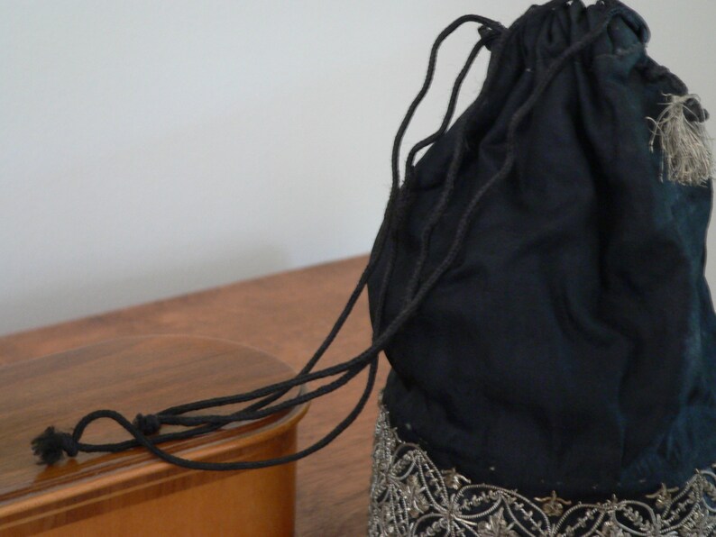 Indispensable Round Draw String Silver Embroidered Purse Victorian Era Purse Antique Draw Sting Purse
