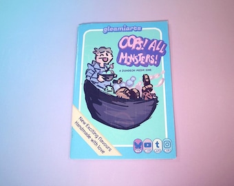 May include: A blue and green illustrated cover for a dungeon mesh zine titled "COPS! ALL MONSTERS!" with a cartoon character in a bowl of food. The text "A DUNGEON MESHI ZINE" is also included on the cover. The cover also includes the text "New Exciting Flavors Handmade with Love".