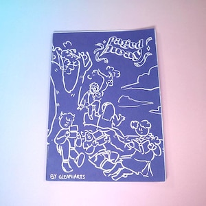 Può includere: Un libretto blu con illustrazioni bianche di persone e un albero. Il titolo del libretto è "Paged Away" e in fondo al libretto c'è scritto "By Gleamiarts".