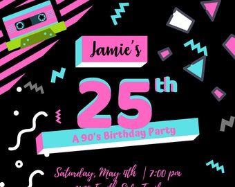 Custom 90's Theme Invitation Digital Download, Birthday Party Printable 90s theme