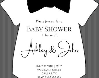 May include: A white baby onesie with a black bow tie. The text "Please join us for a BABY SHOWER in honor of Ashley & John" is printed on the onesie. The date and time of the event are listed below: "JULY 2, 2018 | 2PM 2745 BAKER STREET DALLAS, TX RSVP: 555-555-5555 Wear your bow ties! Linda is registered at Target"