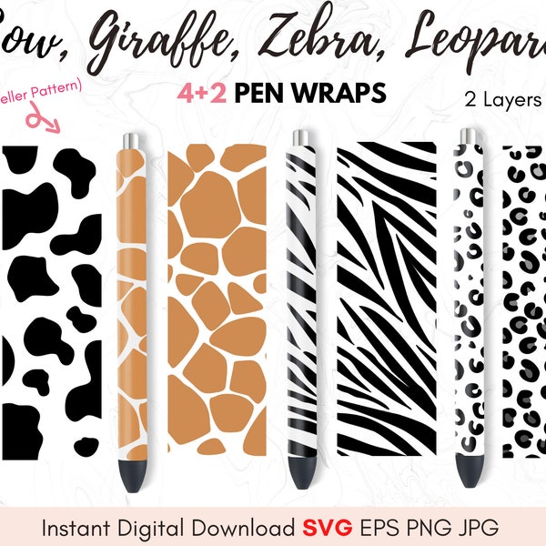 Cow, Giraffe, Zebra, Leopard Pen Wrap Bundle SVG, Pen Wraps Waterslides, Personalized Glitter, Ink , Epoxy pen, Instant Digital Download